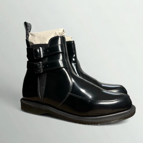 Dr. Martens Flora II Buckle Chelsea Boots in Black Polished Smooth Leather - Picture 2 of 8